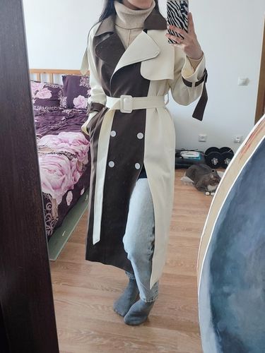 Customer photo review of White & Brown Color Block Long Trench Coat