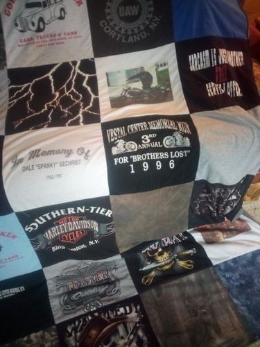 T-shirt quilt with motorcycles, memorial events themes by Amy from NY