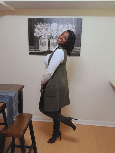 Customer photo review of Lori Peep Toe Thigh Boot (Olive)