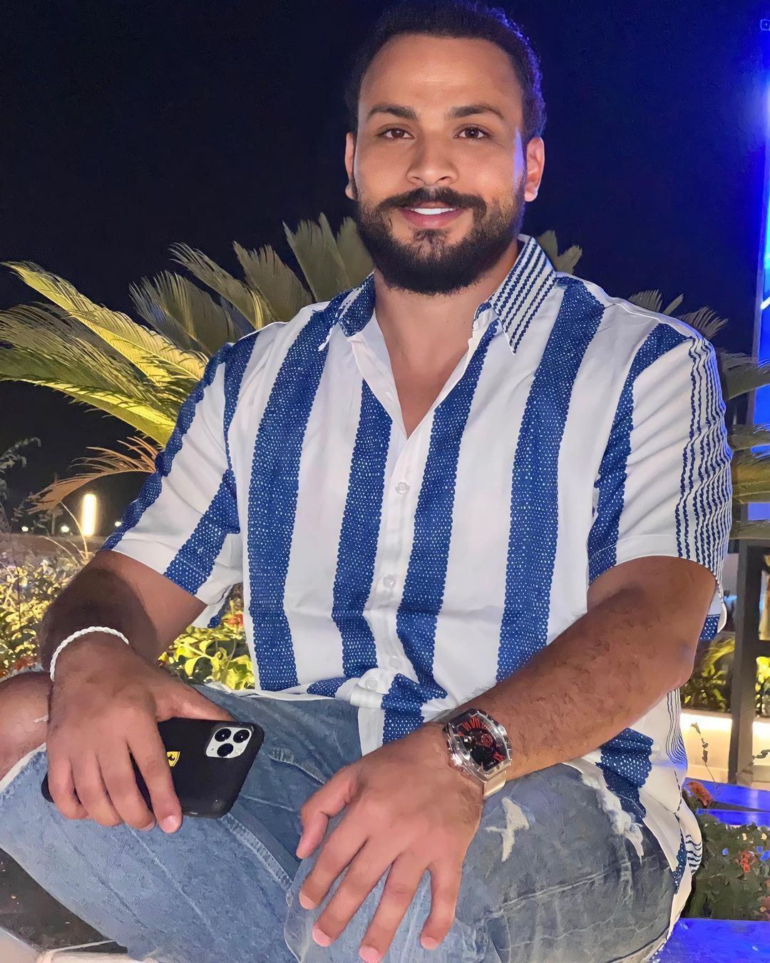 Customer photo review of Men's Vintage Blue  Vertical Striped Casual Short Sleeve Shirt