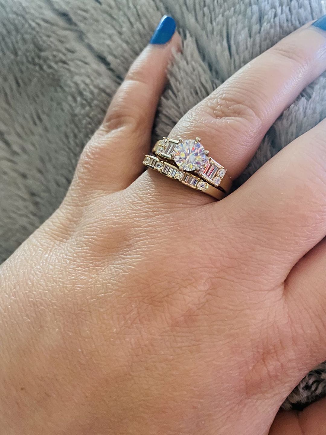 Customer photo review of Round Moissanite Emerald-Cut Side Stone Engagement Ring