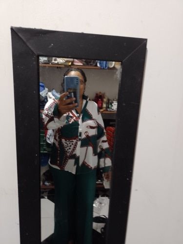 Customer photo review of Casual Two Piece Leaf Print Shirt High Waist Pant Set