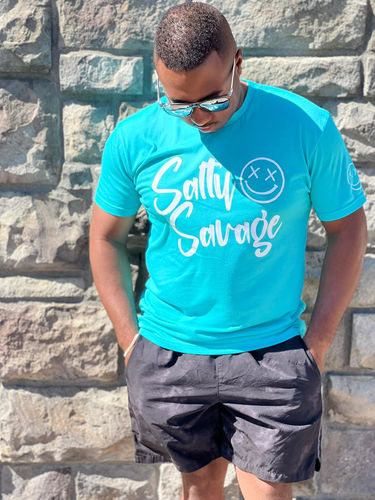 Customer photo review of Salty Savage Unisex Signature Logo Tee | Island Teal/White