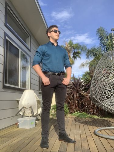 Customer photo review of Bamboo Satin Stretch Shirt - Deep Teal