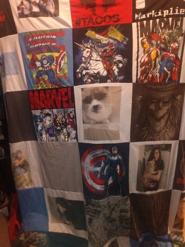 T-shirt quilt with superheroes, gaming themes by Lisa from CT