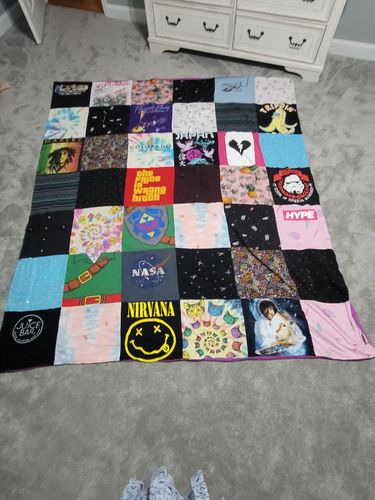 T-shirt quilt with music, space exploration themes by Hailey from GA