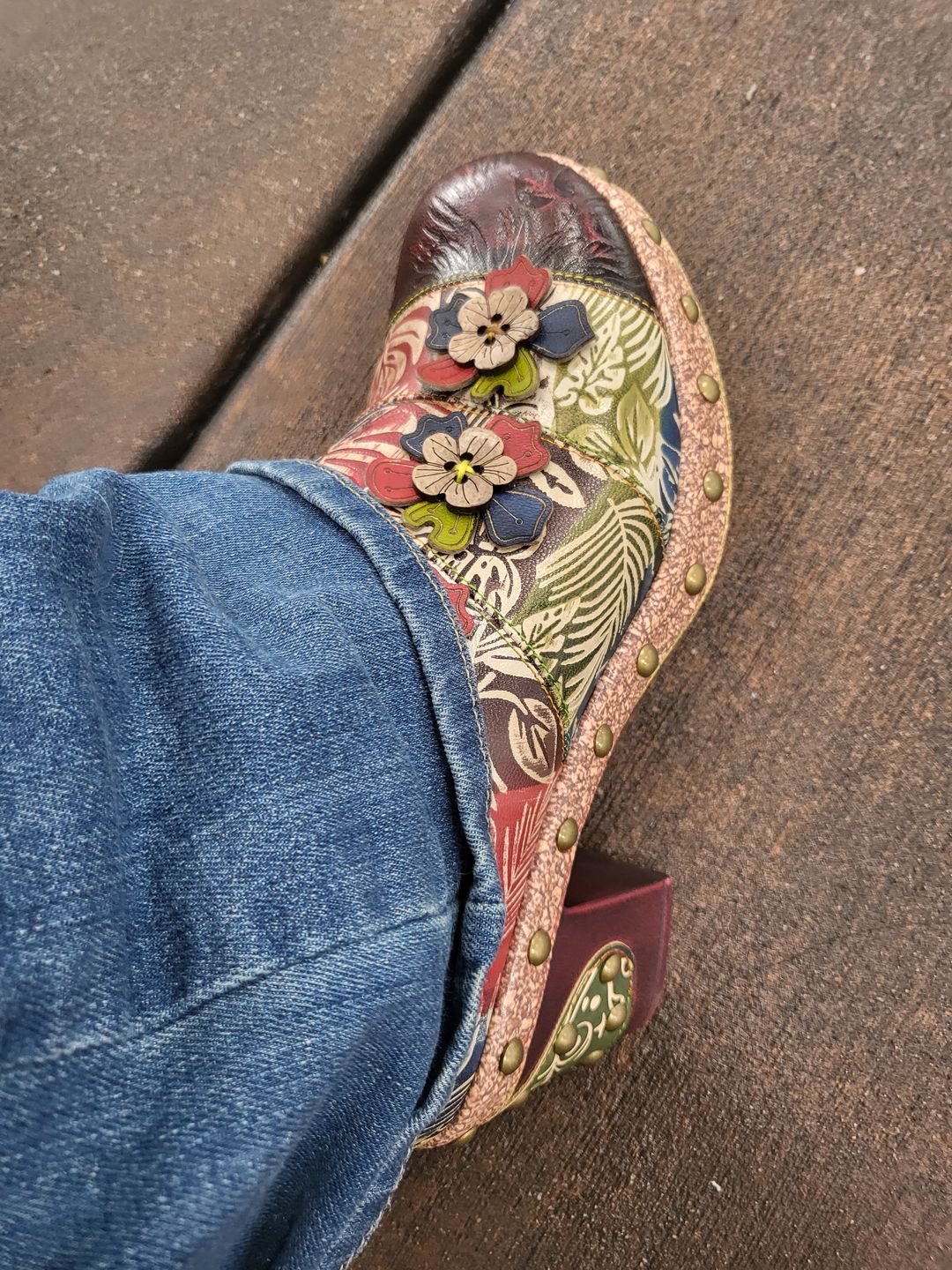 Customer photo review of Retro Floral Handmade Rivet Comfort Block Heel Pumps