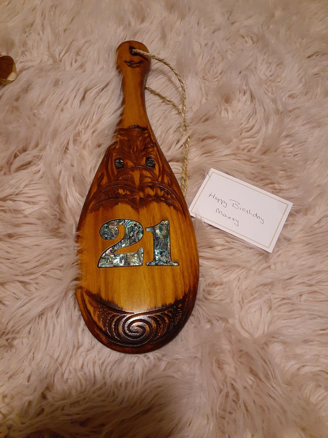 Customer photo review of Maori 21st Birthday Patu Club Inlaid With Paua Shell