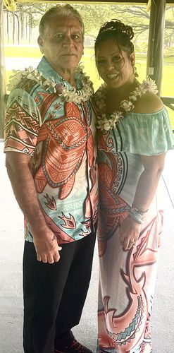 Customer photo review of Hawaii Combo Dress And Hawaiian Shirt Polynesian Shark And Sea Turtle Dreamy Turquoise Artsy LT14