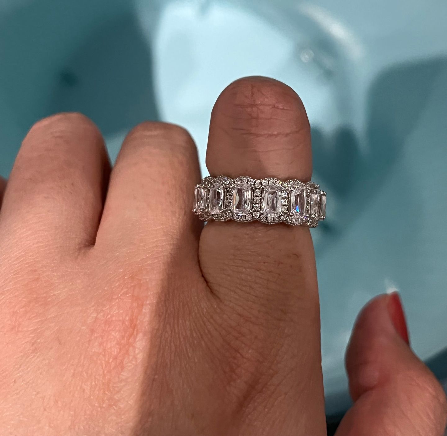 Customer photo review of Louily Luxurious Halo Cushion Cut Wide Wedding Band For Women In Sterling Silver