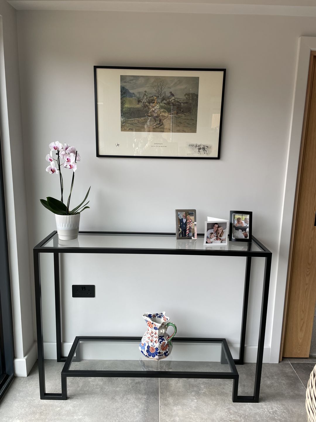 Customer photo review of Glass Metal Console Table Matte Black Frame