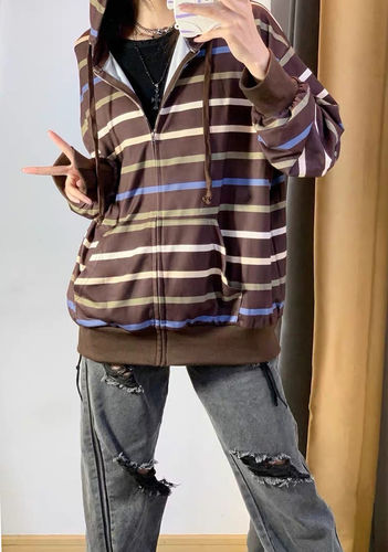 Customer photo review of 90s Striped Zip Up Hoodie