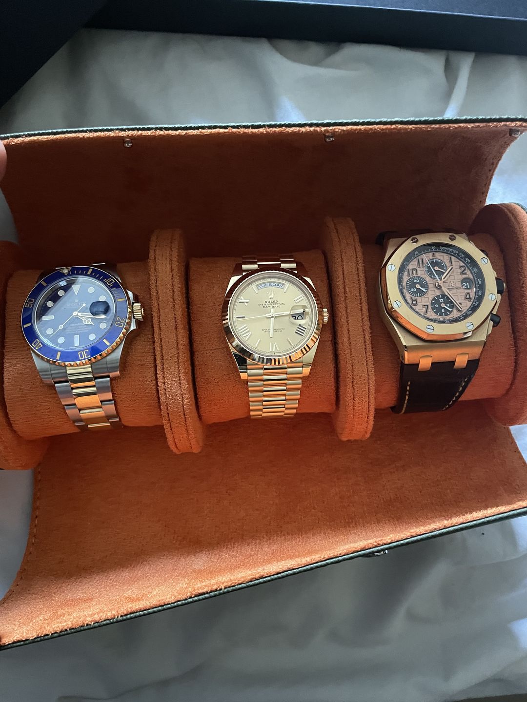 Customer photo review of Luxury leather handmade watch roll for 3 watches - Olive and Orange