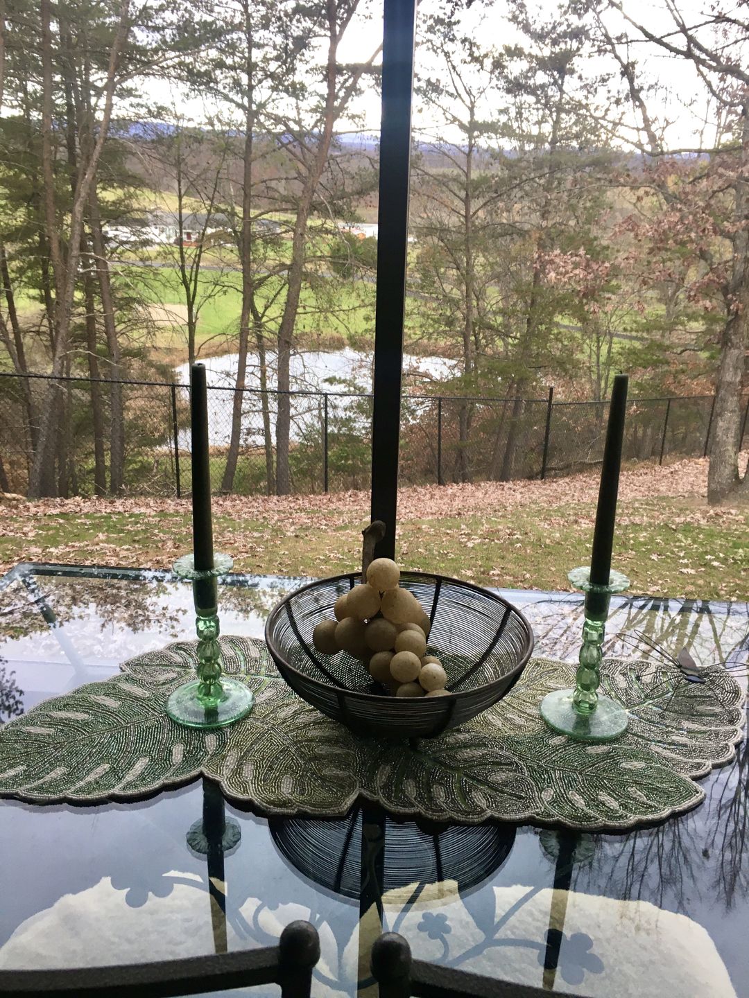 Customer photo review of Botanical Leaf Glass Bead Embroidered Table RunnerSize: 35" x Size: 13"Color: Greens