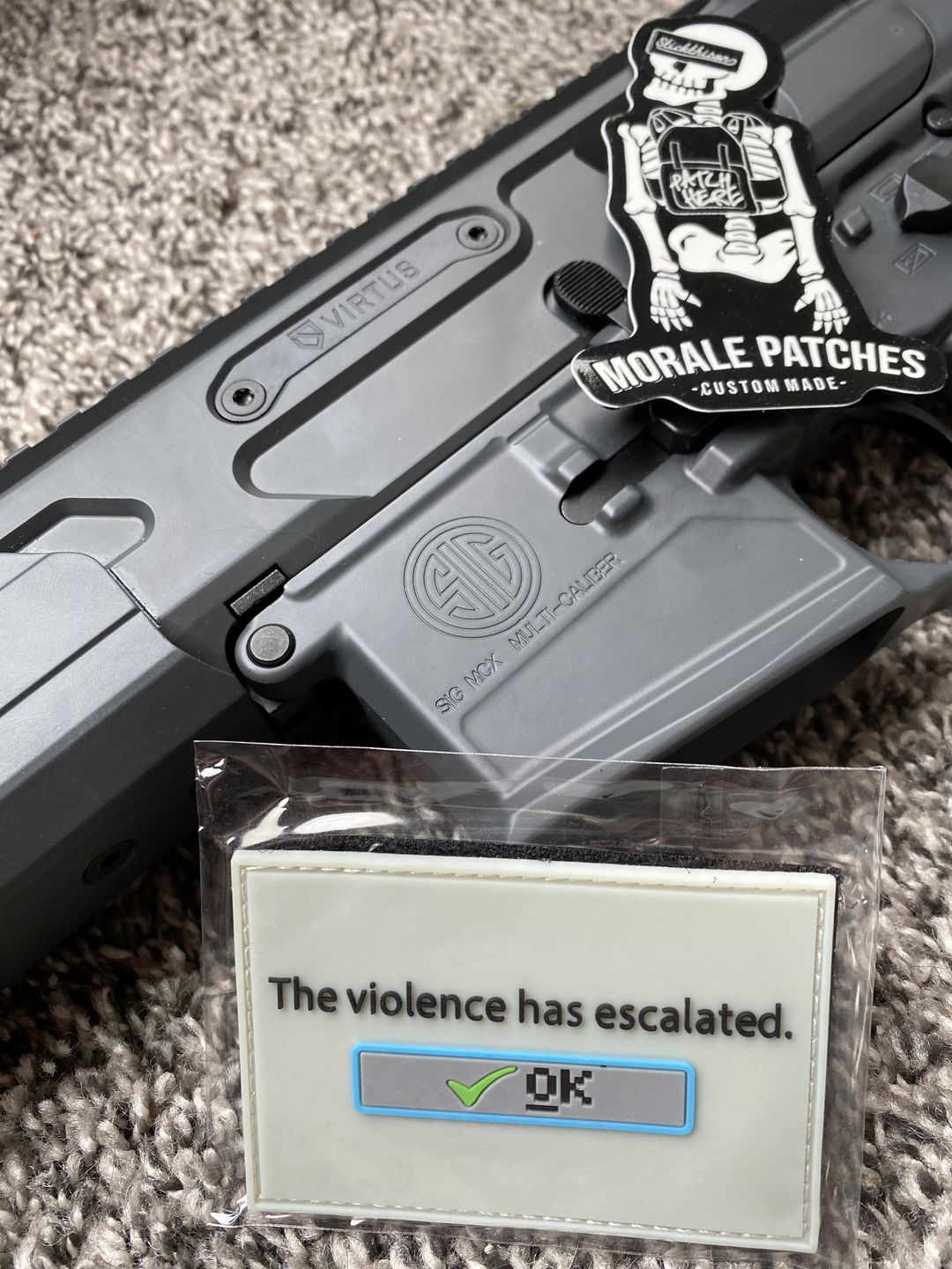 Customer photo review of The Violence Has Escalated Morale Patch