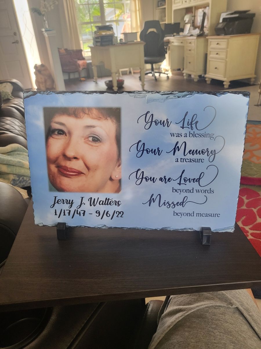 Customer photo review of Memorial Plaque slate | Your Life, Your Memory | Keepsake Slate | Blue Sky