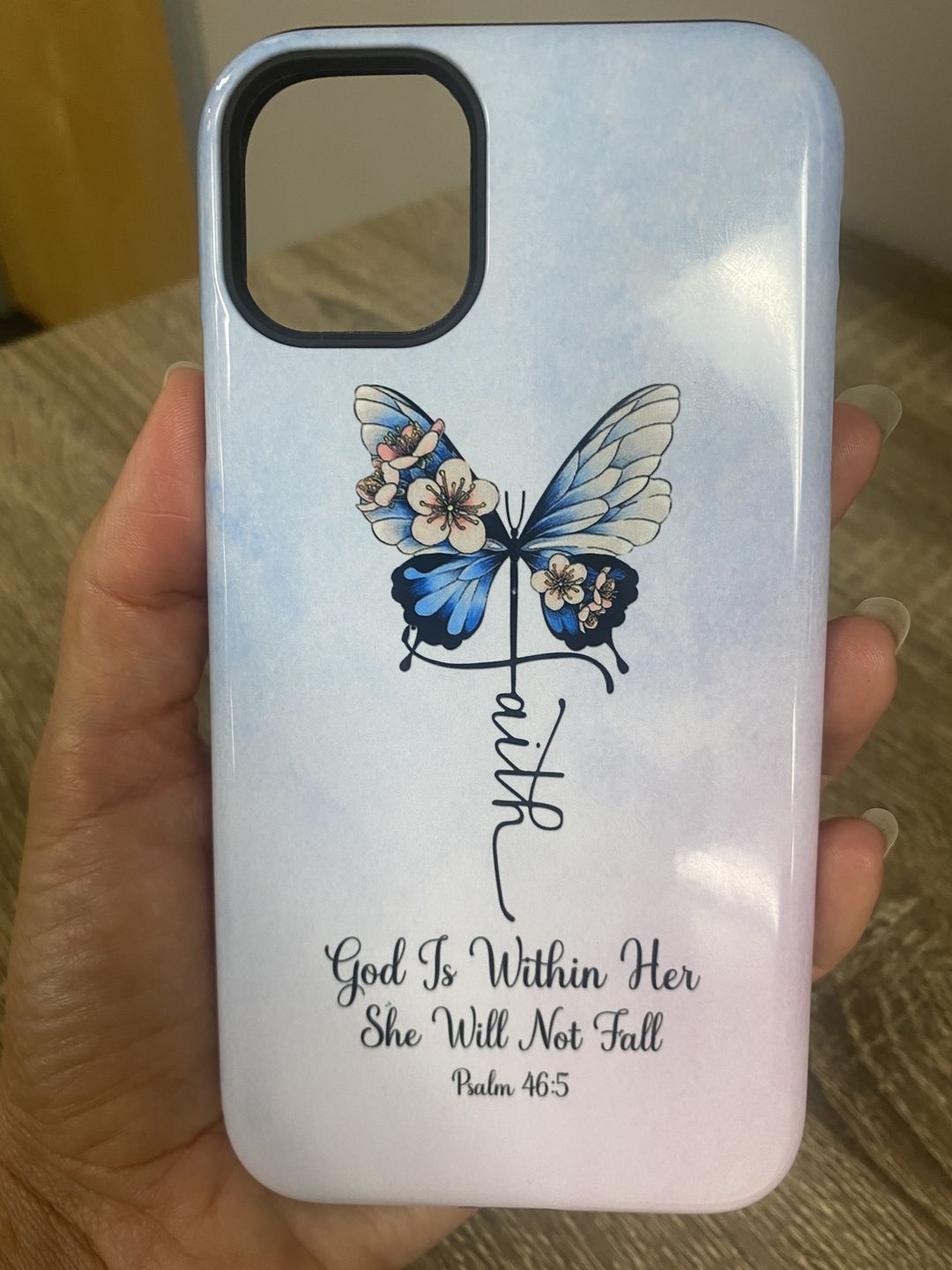 Customer photo review of God is Within Her She Will Not Fall, Faith Cross Butterfly, Christian Phone Case