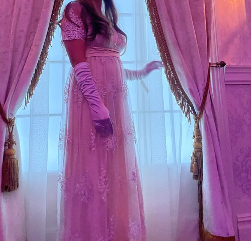 Customer photo review of Bridgerton Daphne Empire Waist Champagne Dress With Lace- Regency Era Ball Gown Plus Size