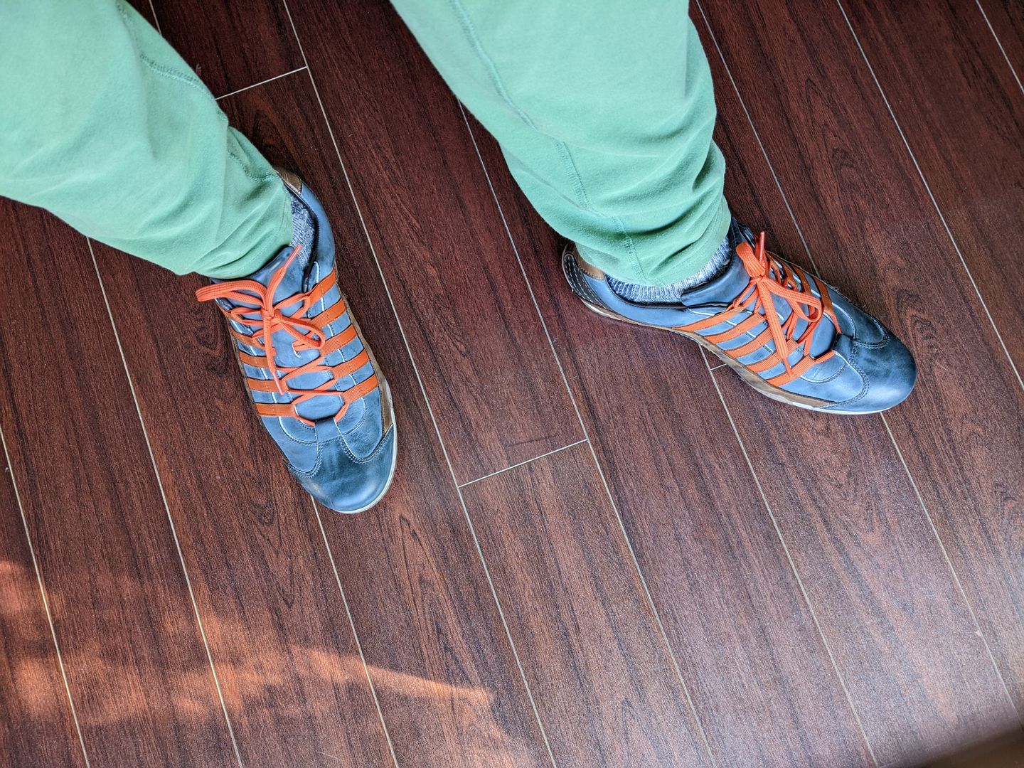 Customer photo review of Men's GrandPrix Sneaker in Monza Indigo (Navy and Orange)