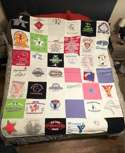 T-shirt quilt with gymnastics, sports themes by Erica from ME