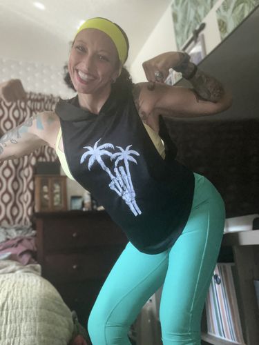 Customer photo review of Salty Savage Ladies Rock On Skull Open Back Hooded Muscle Tank | Black
