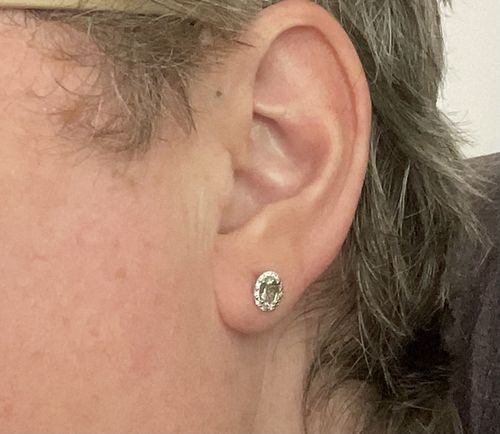 Customer photo review of Green Amethyst & Diamond Halo Earrings in 9ct Yellow Gold