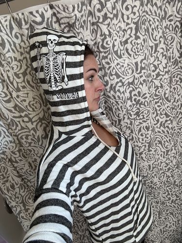 Customer photo review of Salty Savage OG Smile Hoodie | Dead Head Collection | Black/White Striped