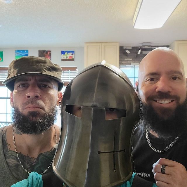 Customer photo review of Barbuta Helmet Knights Templar Crusader Helmet (Steel) - Free Wooden Stand