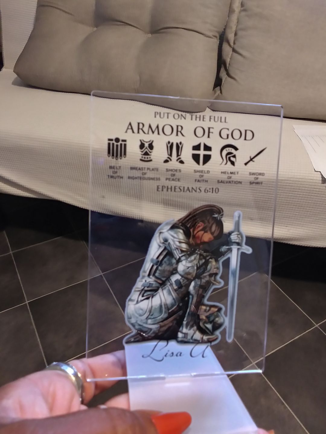Customer photo review of Personalized Custom Name, Skin Tone And Hairstyles Woman Warrior Of God of God Put On The Full Armor of God Ephesians 6-10 Acrylic Plaque