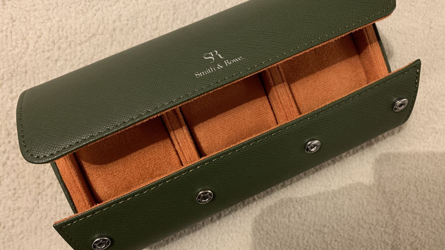 Customer photo review of Luxury leather handmade watch roll for 3 watches - Olive and Orange