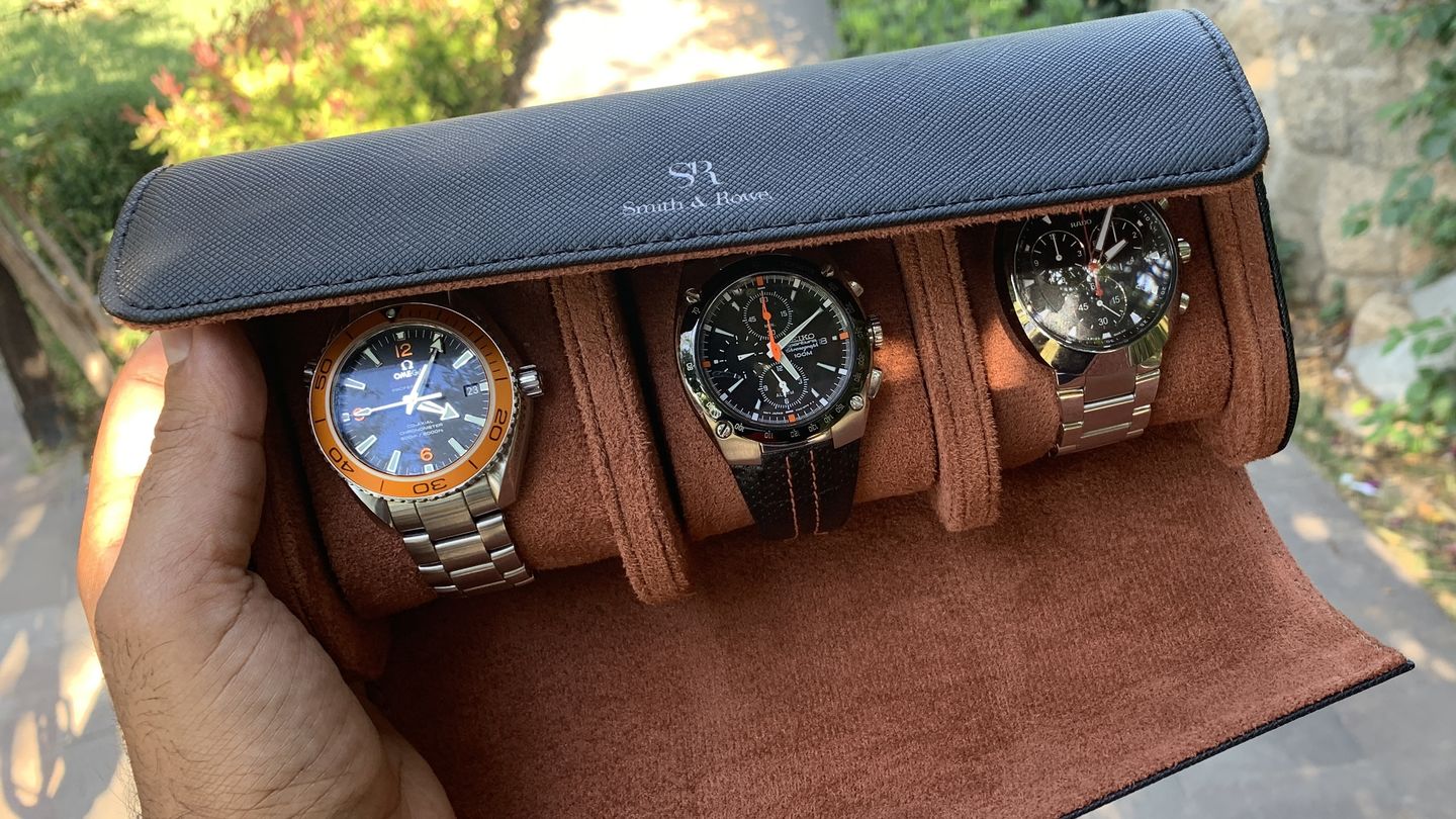 Customer photo review of Luxury leather handmade watch roll for 3 watches - Black and coffee