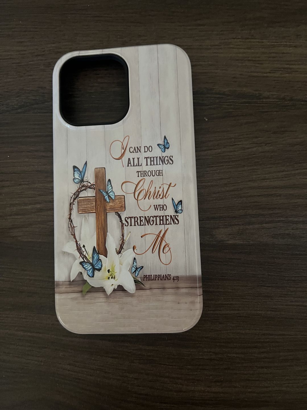 Customer photo review of Philippians 4:13 I Can Do All Things Through Christ, Wooden Cross Flower Butterflies, Phone Case