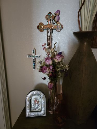 Customer photo review of Olive Wood Cross (Fully covered with Mother of Pearl, white exterior) - Holy Land Crosses