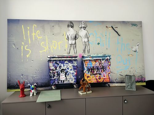 Customer photo review of Peeing Boys Life Is Short Chill The Duck Out Wall, Banksy