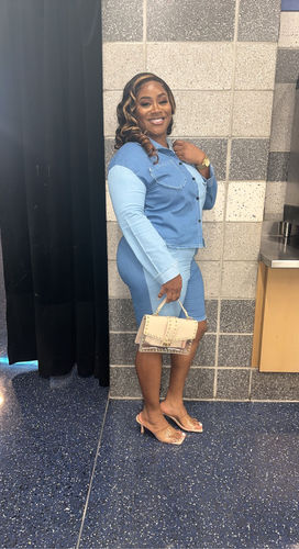 Customer photo review of Fashion Vintage Patchwork Washed Denim Two Piece Suit