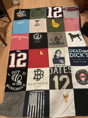 T-shirt quilt with beach life, winery themes by Lynda from NH