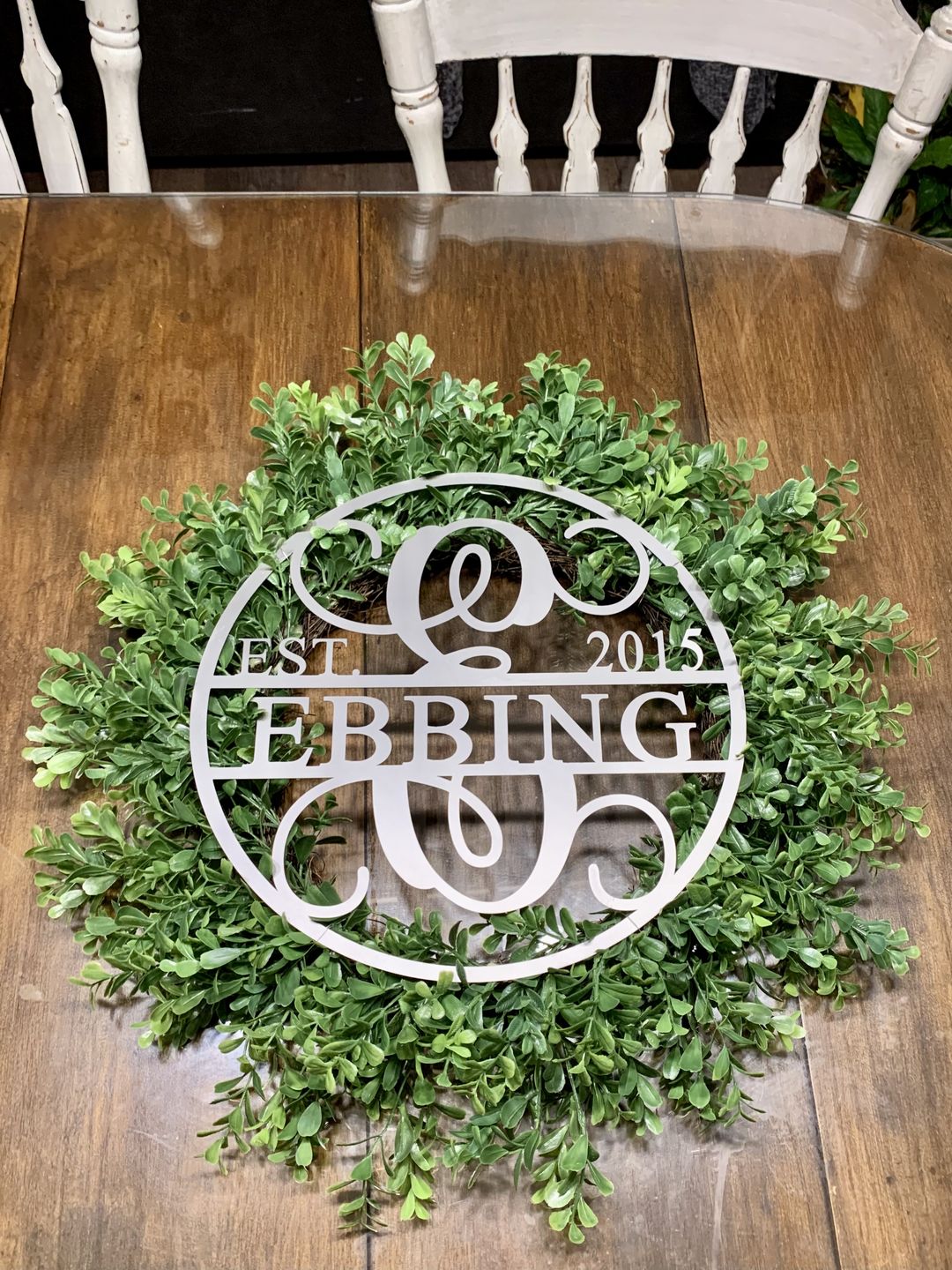 Customer photo review of 15" Established Circle Name and Date Monogram - Custom Wreath Hanger Wall Decor