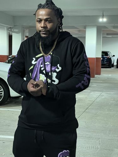 Customer photo review of Men Anti Social Purple Chenille Hoodie and Joggers Set - Black Hoodie / Black Jogger