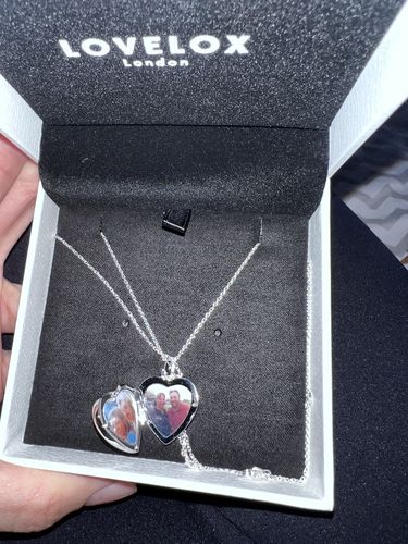 Customer photo review of Mother of Pearl Modern Heart Locket – Silver
