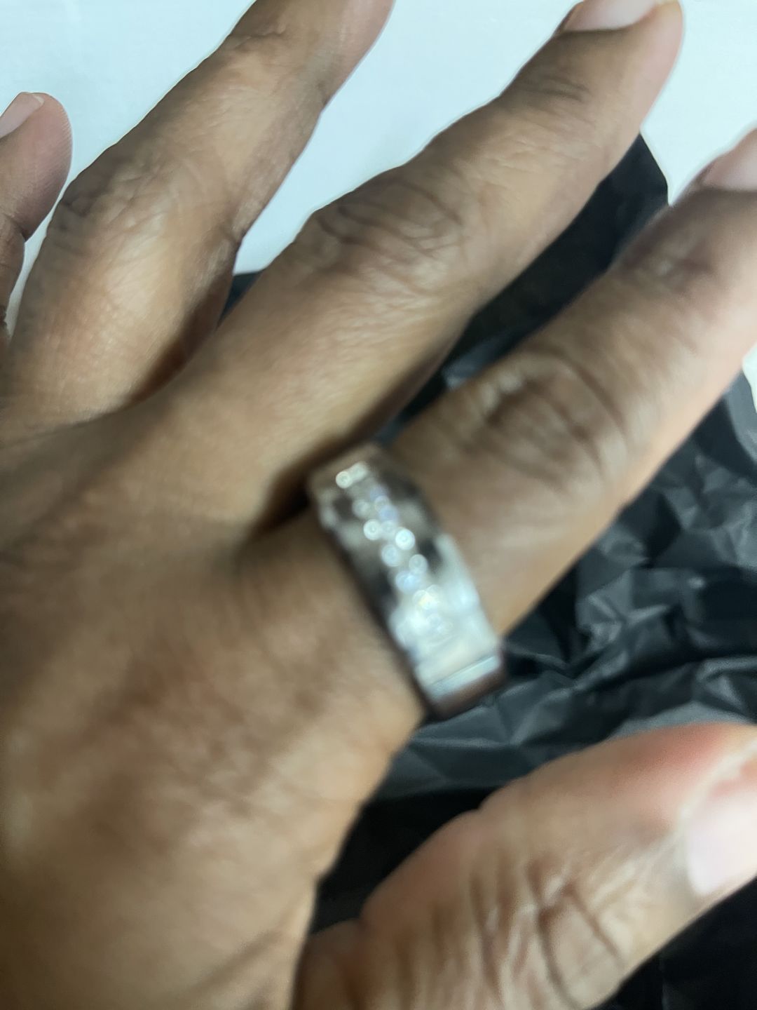 Customer photo review of 8mm - Silver Tungsten Wedding Band W/ 7 CZ Diamond Inlay High Polish