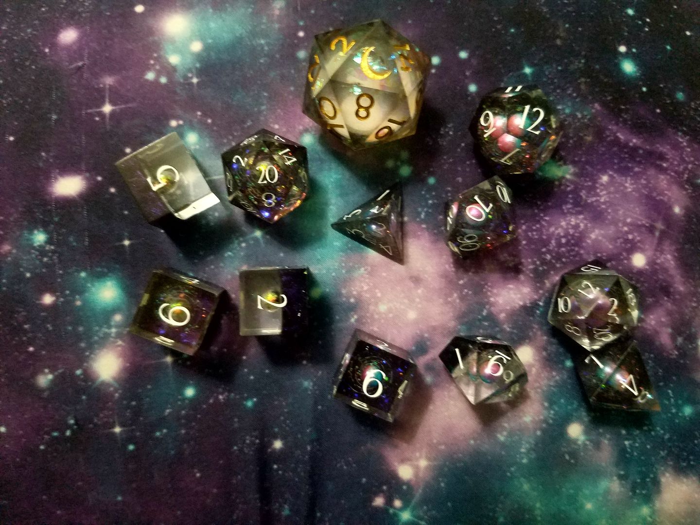 Customer photo review of URWizards D&D Resin Engraved Dice Set The Galaxy