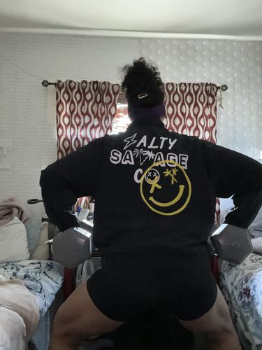 Customer photo review of Salty Savage Ladies Zip & Button Up 90’s Beach Edition Oversized Trucker Jacket | Black