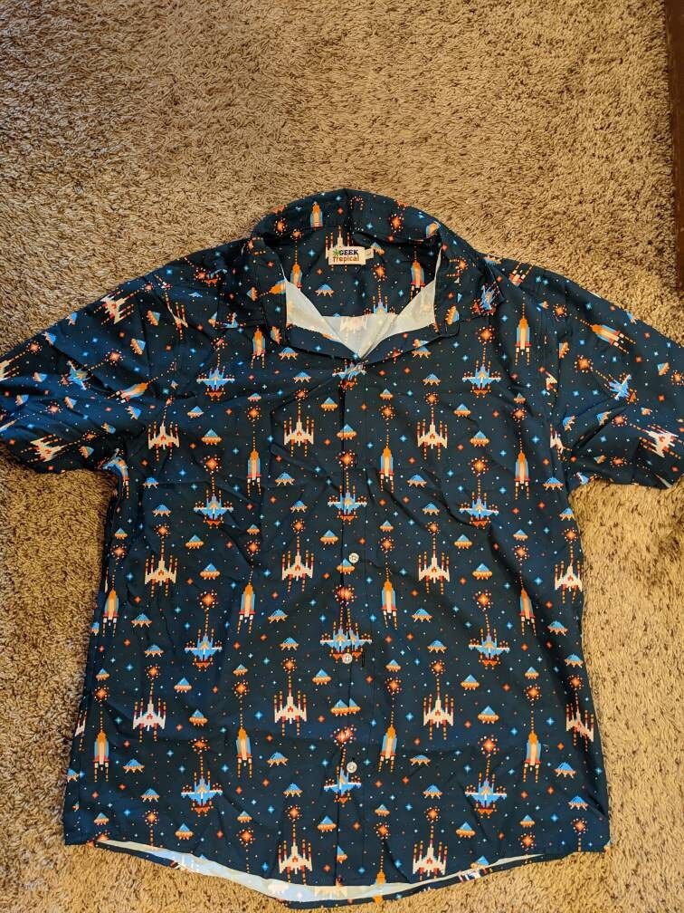 Customer photo review of Space Retro Arcade Button Up Shirt