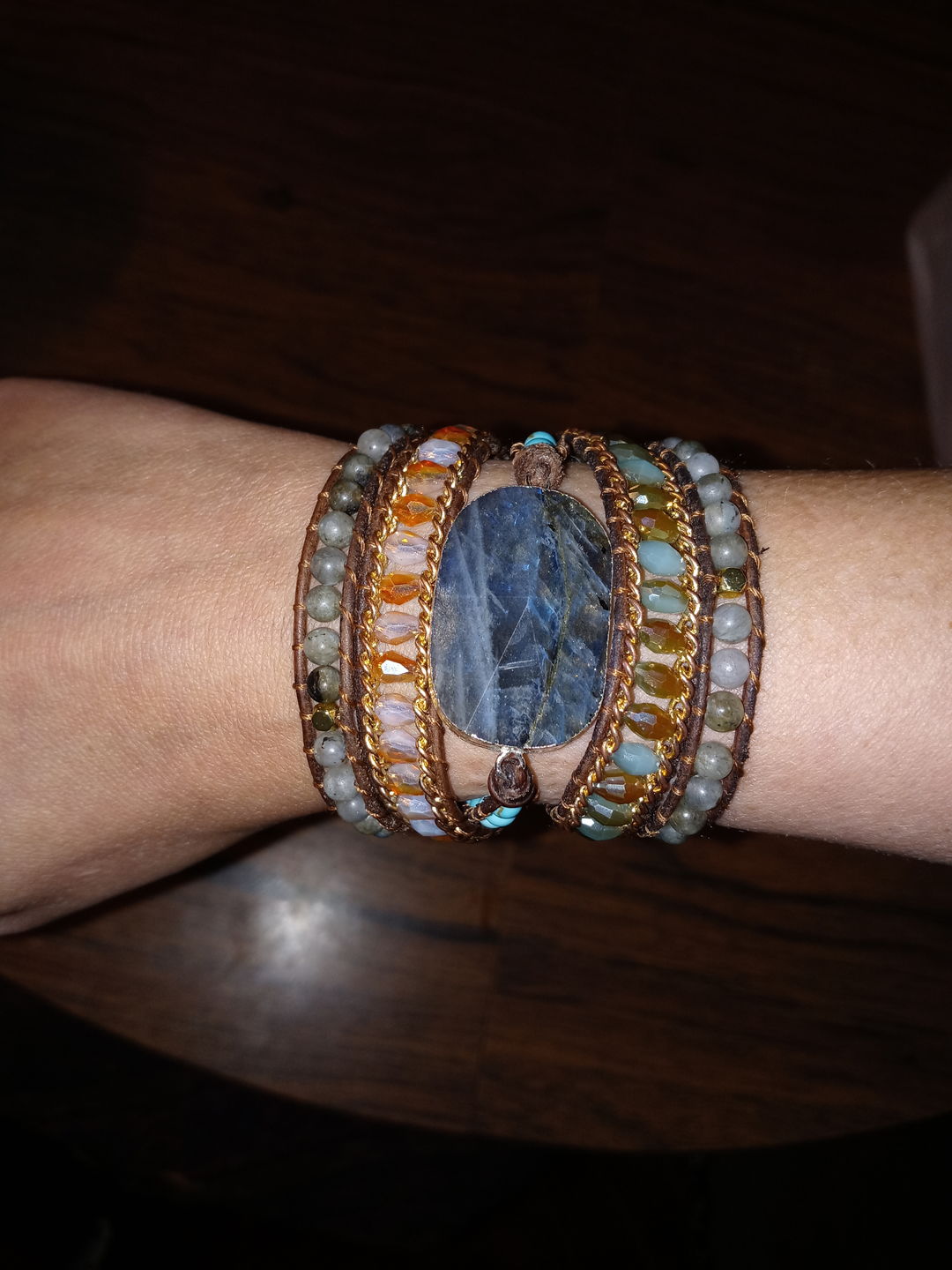 Customer photo review of Natural Labradorite & Gold Chain Bead Wrap Bracelet