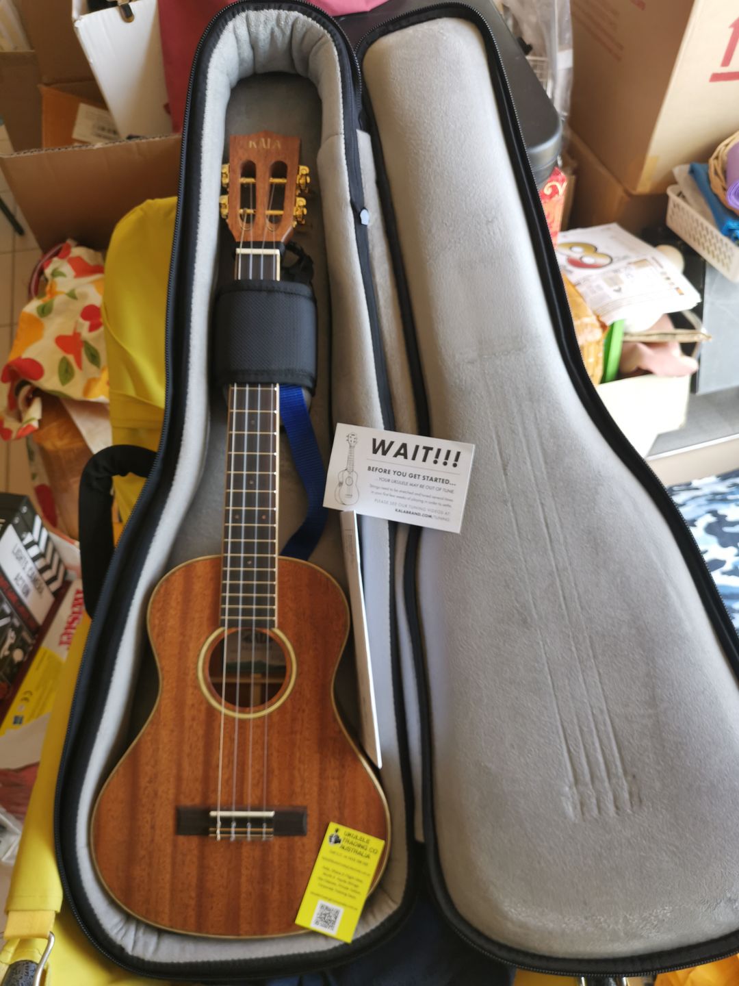 Customer photo review of KA-AMHG-ST Kala Brand Ukulele Super Tenor Bundle with Case and Online Lesson. A beautiful Solid Mahogany Tone wood.