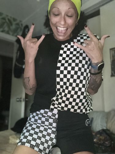 Customer photo review of Salty Savage Ladies High Rise Two Tone Training Shorts | Wet Suit Performance | Black/Checkerboard
