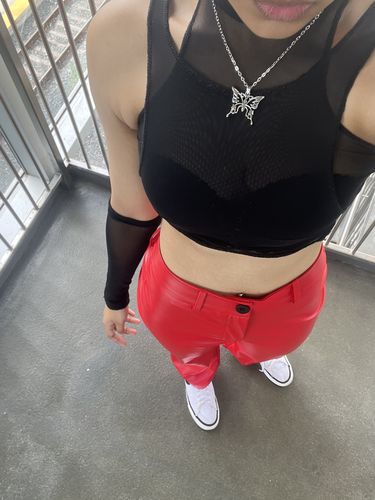 Customer photo review of Sheer mesh see-through high neck off shoulder top