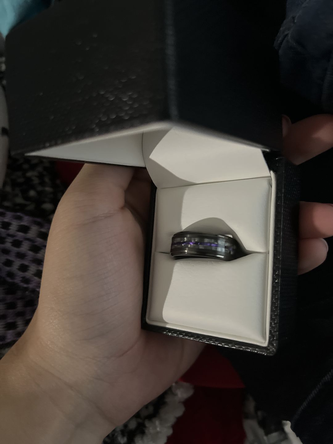 Customer photo review of 8mm - Tungsten Gunmetal wedding Rings, Carbon Fiber W/ Purple Wood Wedding Band