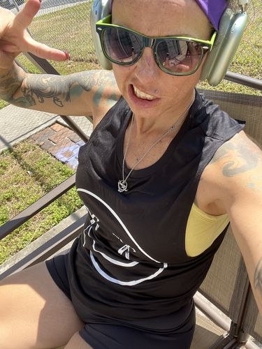 Customer photo review of Salty Savage Ladies "OG Palm Tree Smile" Muscle Tank | In Your Face | Black/White