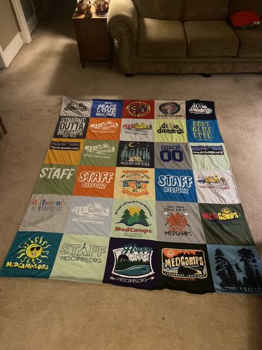 T-shirt quilt with camping, community service themes by Dee from LA